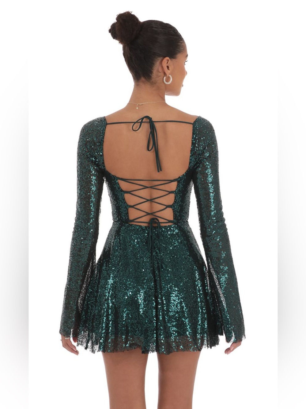 💚 LUCY IN THE SKY Emerald Green Sequin Long Sleeved Fit and Flare Dress. LARGE
